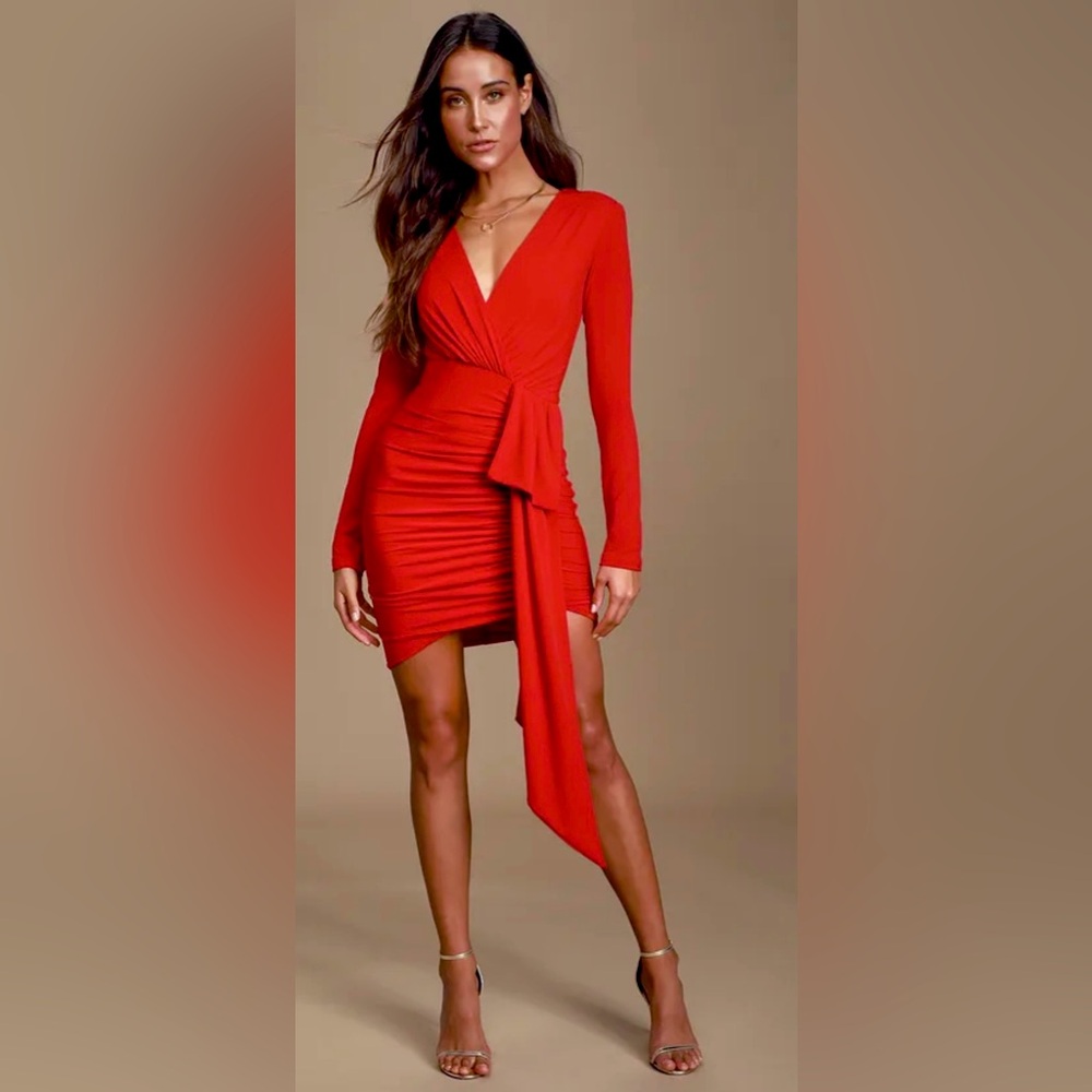 Lulu’s Marlay Red Ruched Long Sleeve Asymmetric Dress w Sash Detail ZB3